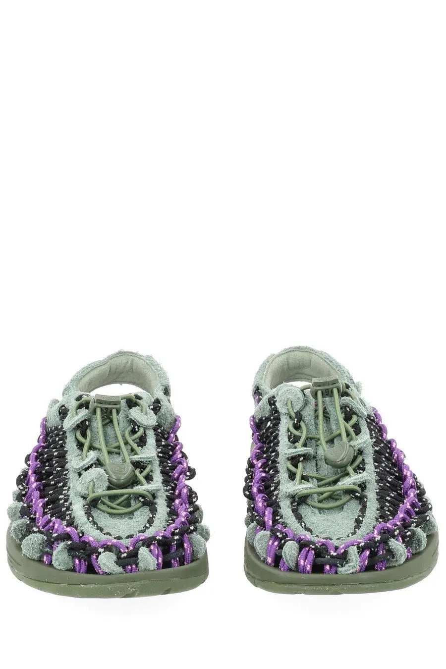 Keen men’s sandalo uneek lea green purple and black woven sandals with olive green laces and soles front view
