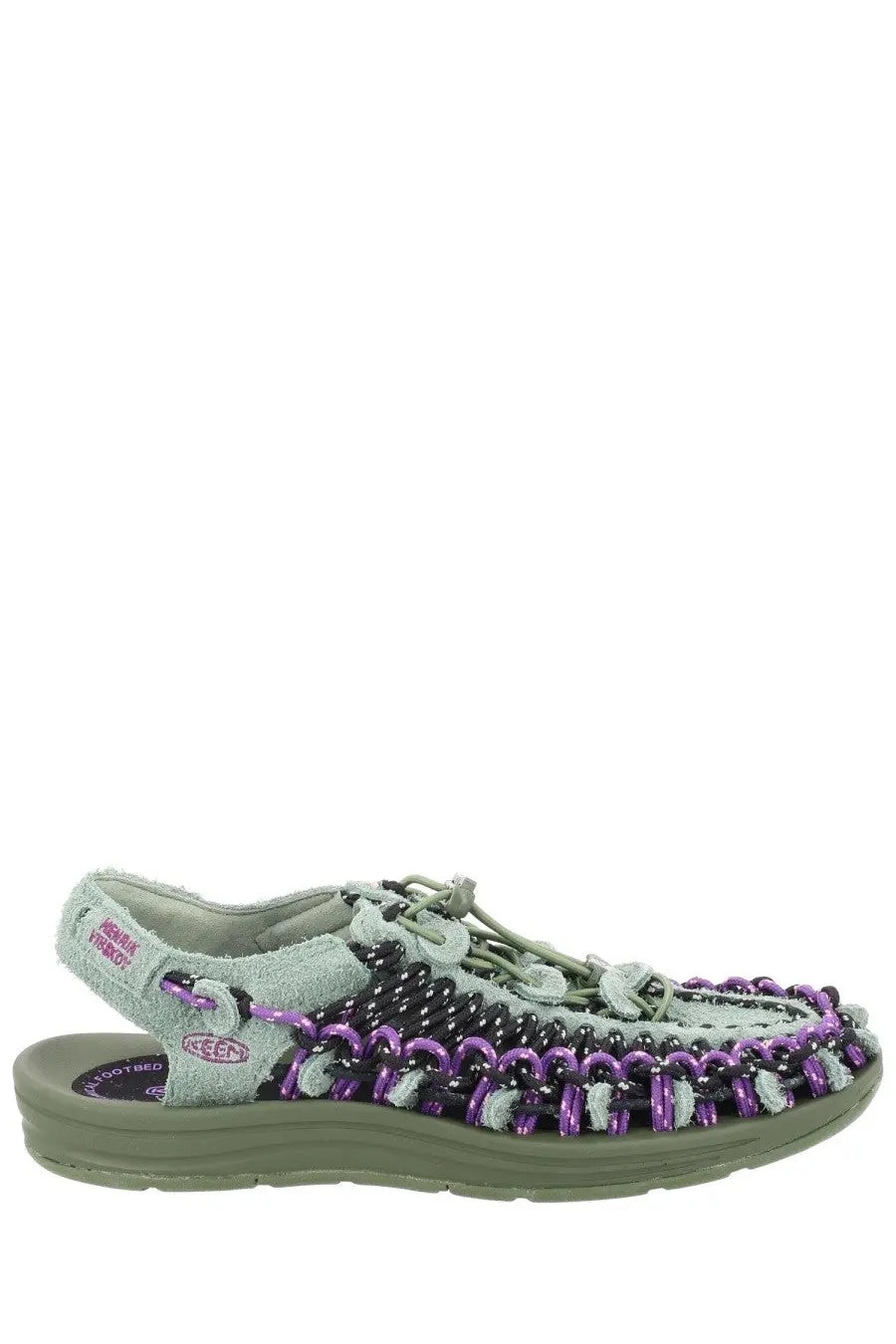 Keen men’s sandalo uneek lea green sandal with olive green and purple woven upper, adjustable laces, ergonomic footbed