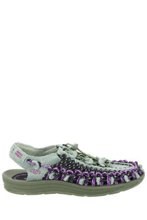 Keen men’s sandalo uneek lea green sandal with olive green and purple woven upper, adjustable laces, ergonomic footbed