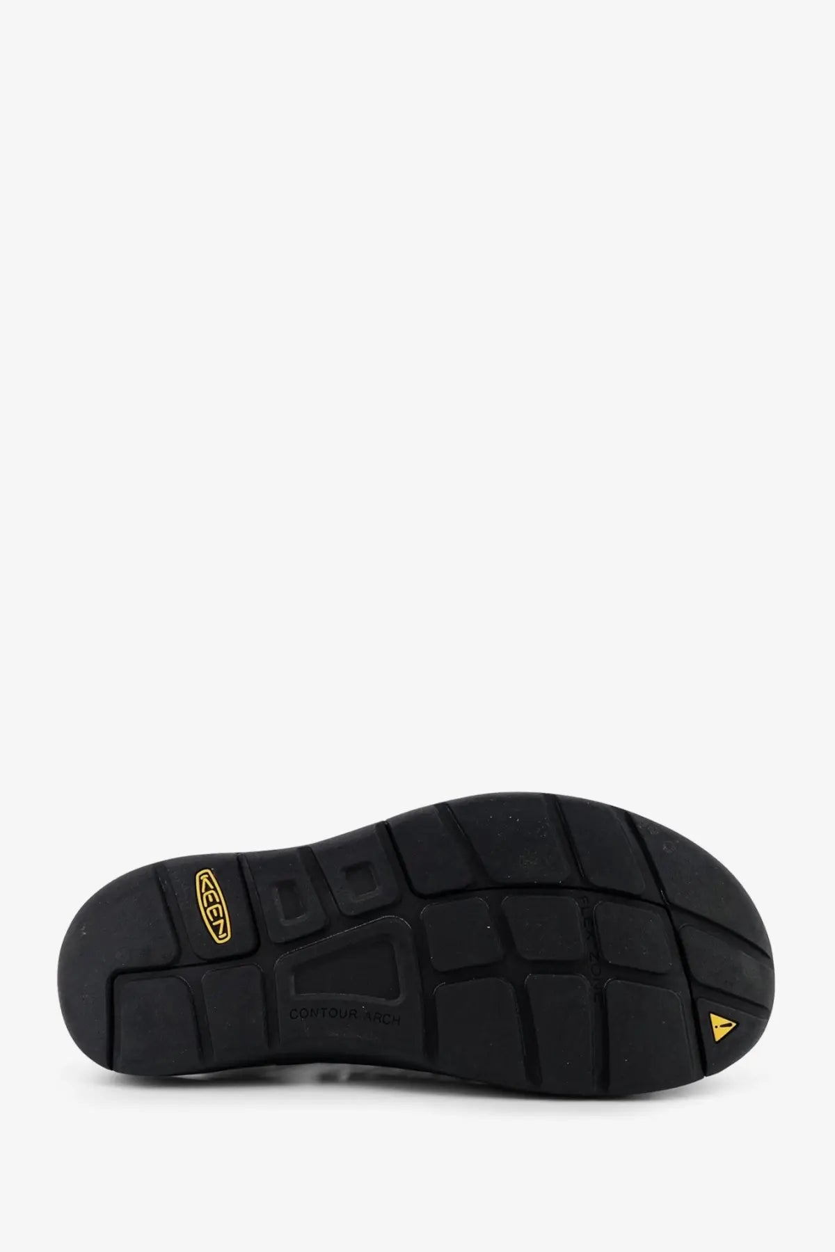 Back side of keen men’s uneek suede sneakers green showing black rubber sole with textured grid and gold keen logo