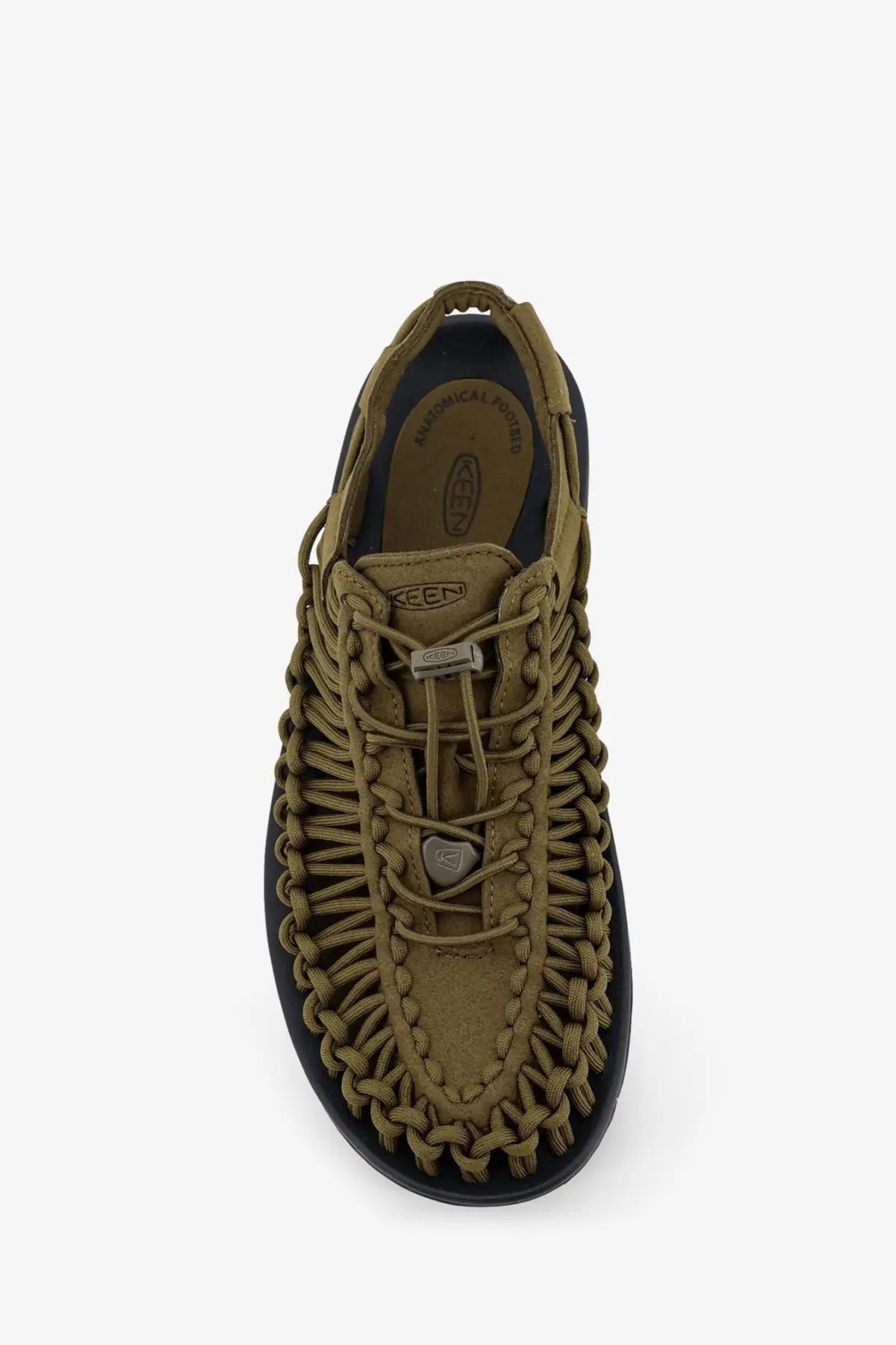 Keen men’s Uneek suede sneakers in olive green braided canvas with black rubber sole and metallic Keen logo accents