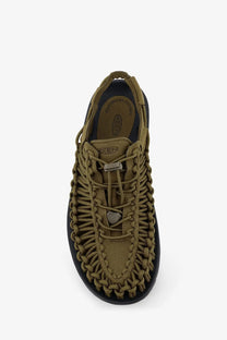 Keen men’s Uneek suede sneakers in olive green braided canvas with black rubber sole and metallic Keen logo accents