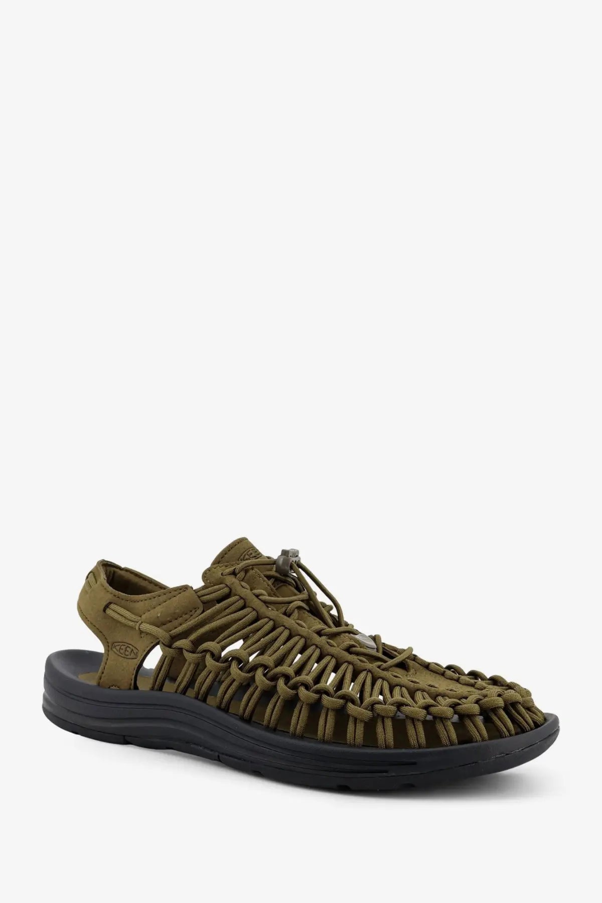 Keen men’s Uneek suede sneakers in olive green with woven leather upper and black rubber sole