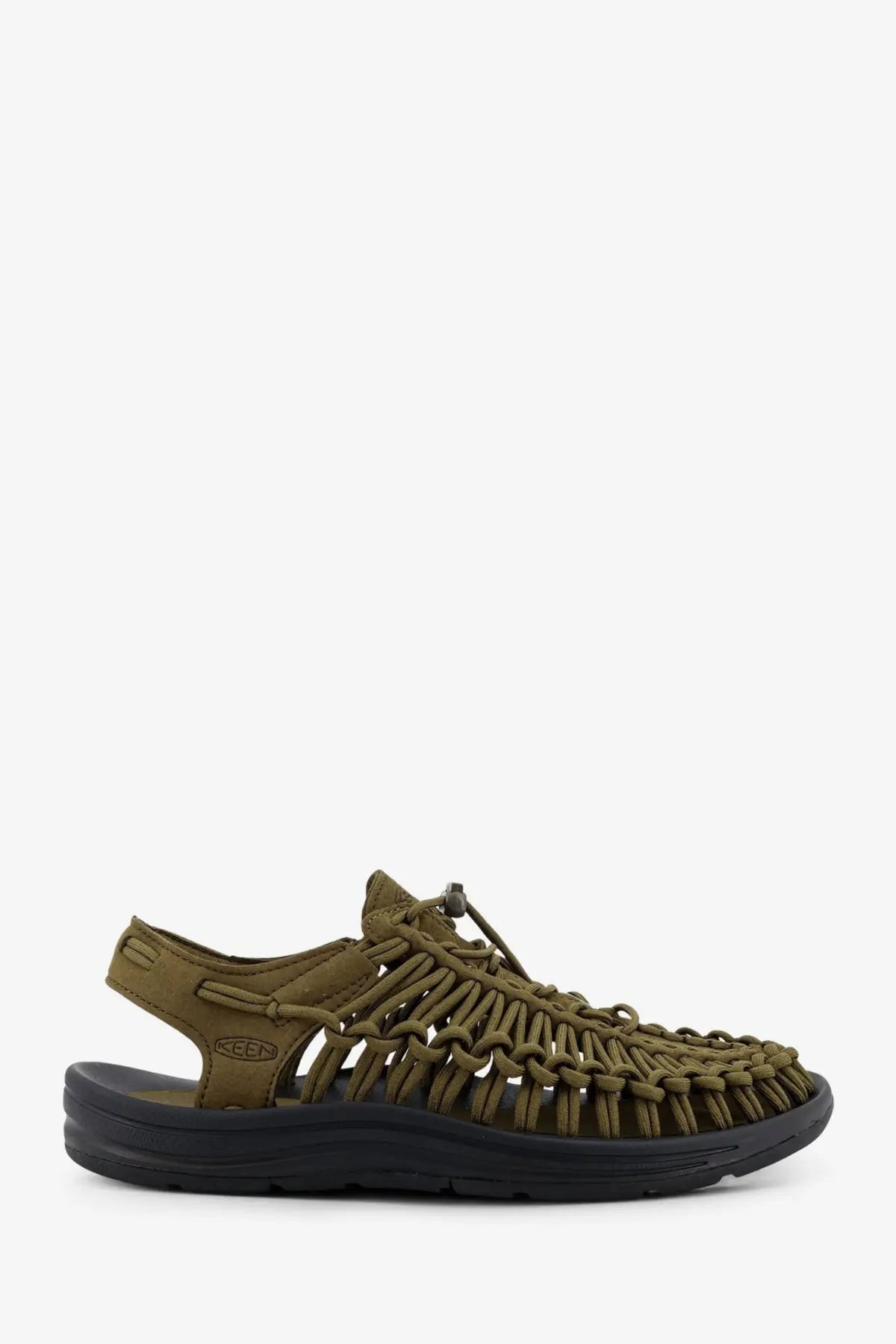 Keen men’s uneek suede sneakers green olive green woven leather sandal with black rubber sole and Keen logo