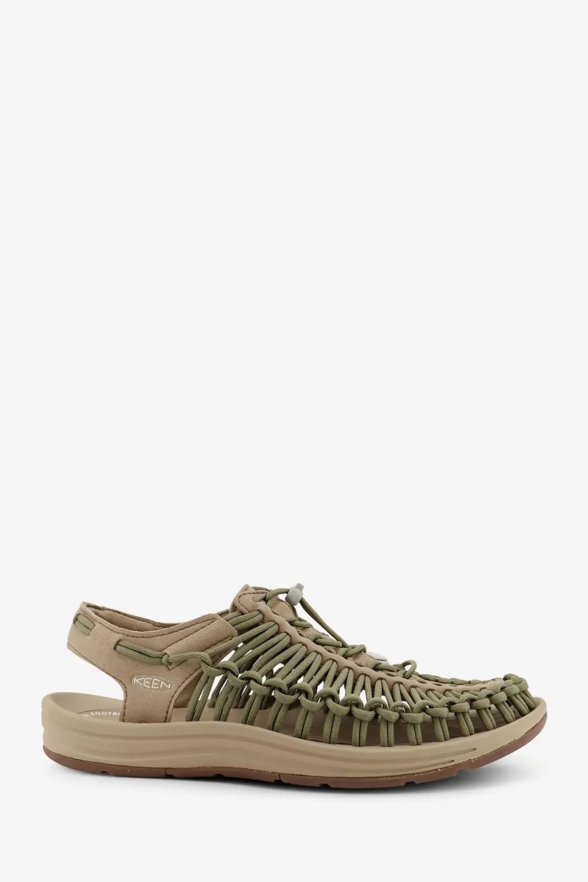 Keen men’s uneek suede sneakers olive green woven leather sandal with tan rubber sole and adjustable strap