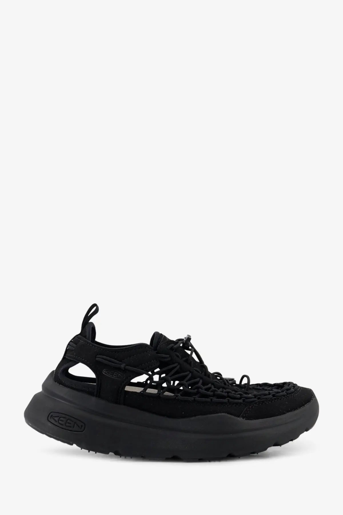 Keen men’s uneek wk black sandal with woven mesh upper and thick rubber sole for durable outdoor wear