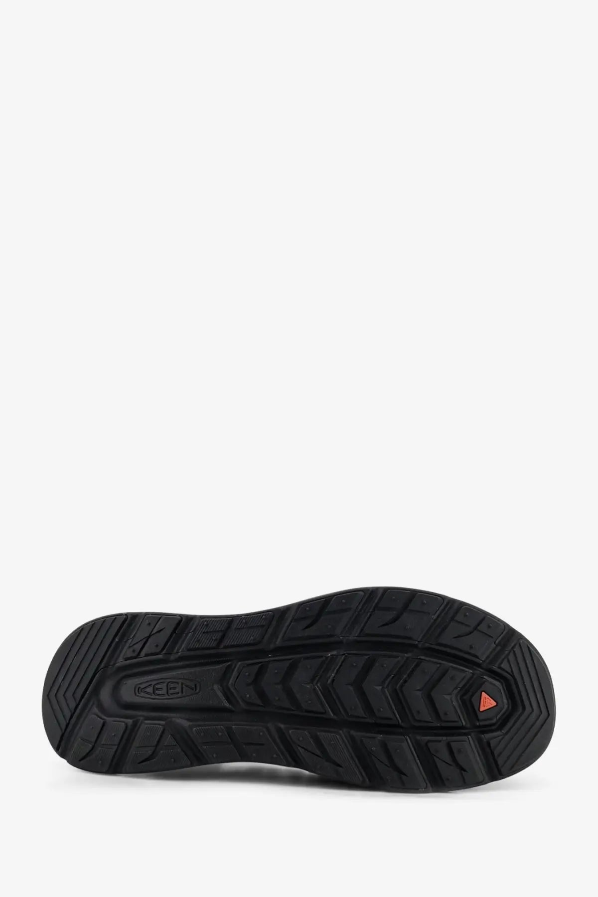 Back side of keen men’s uneek wk suede and rubber sneaker with black rubber sole and orange triangular logo near heel