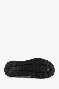 Back side of keen men’s uneek wk suede and rubber sneaker with black rubber sole and orange triangular logo near heel