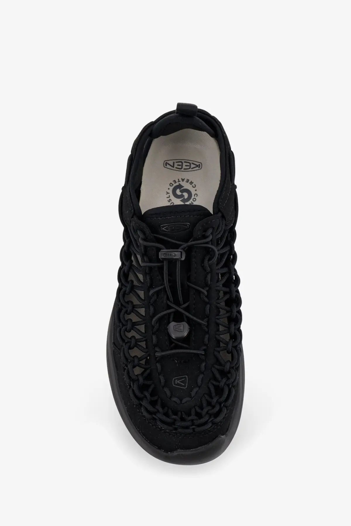 Keen men’s uneek wk suede and rubber sneaker in black with black woven mesh upper and textured rubber sole