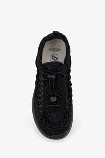 Keen men’s uneek wk suede and rubber sneaker in black with black woven mesh upper and textured rubber sole