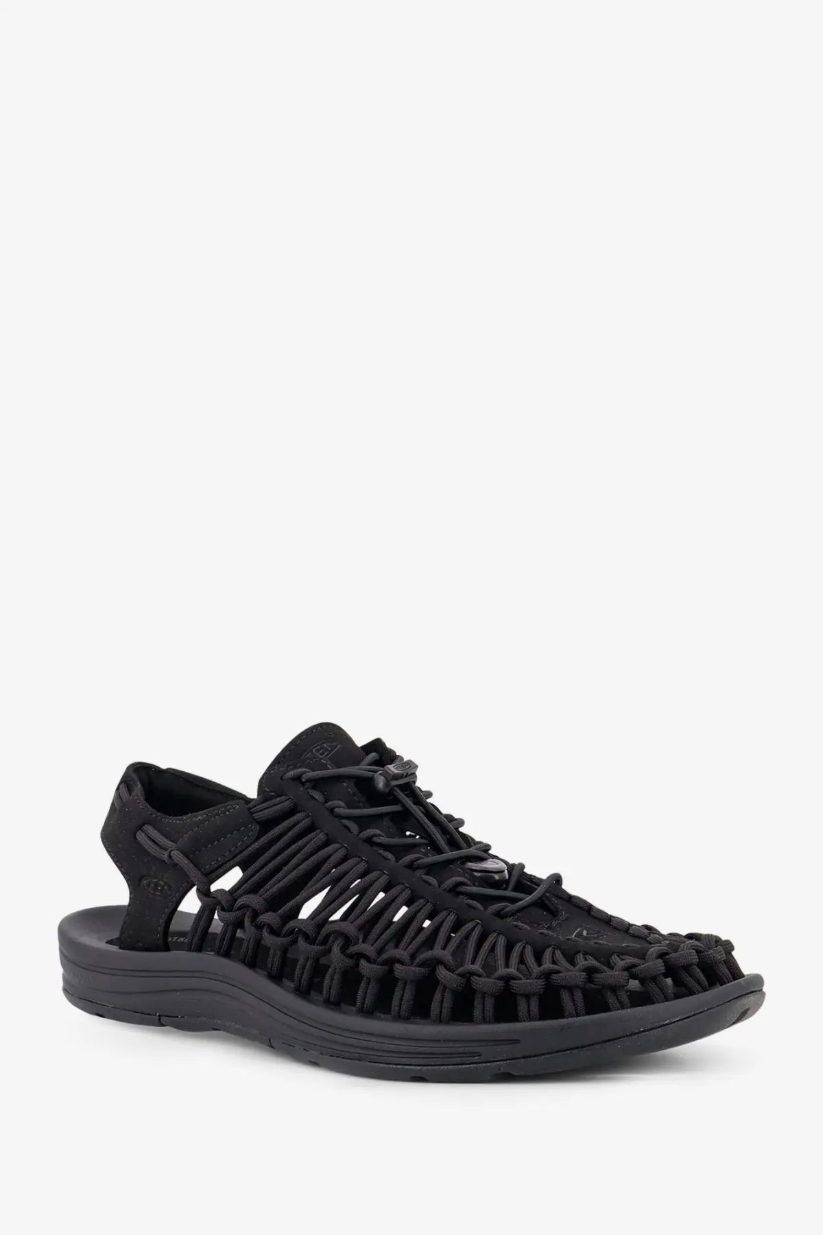 Keen men’s uneek black woven mesh sandal with durable rubber sole and sleek modern design