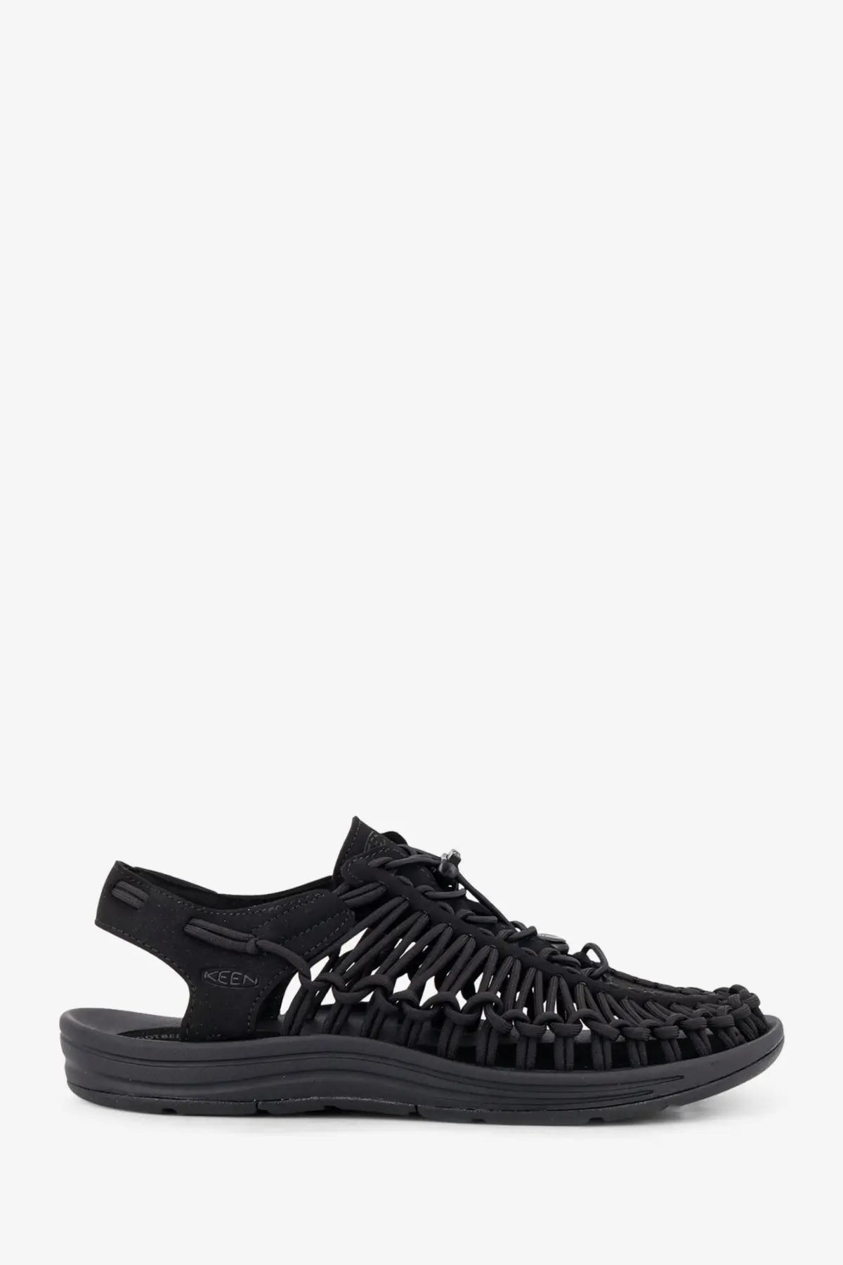 Keen men’s Uneek black woven-strap sandal with sleek minimalist design and durable rubber sole
