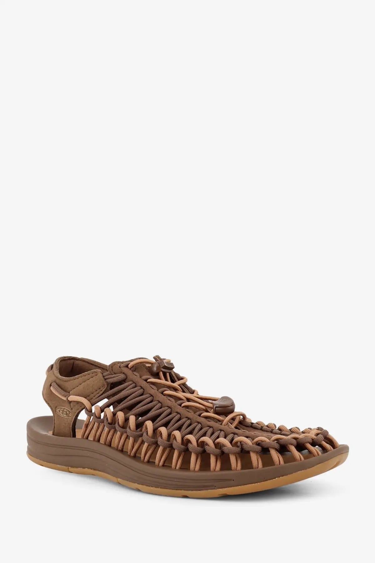Brown woven leather sandal with braided design and adjustable straps from keen men’s uneek multicolor sandals