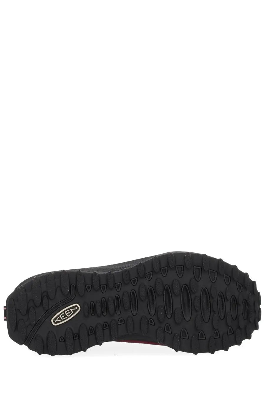 Back side of keen women’s jasper zionic sneaker red showing black rubber sole with deep tread and silver keen logo on heel