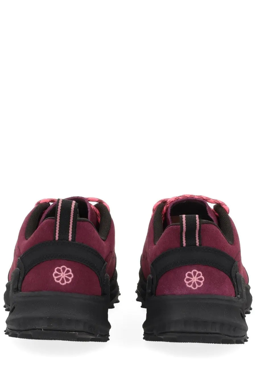 Back view of keen women’s jasper zionic sneaker red maroon and black with subtle pink embroidered flower on heel
