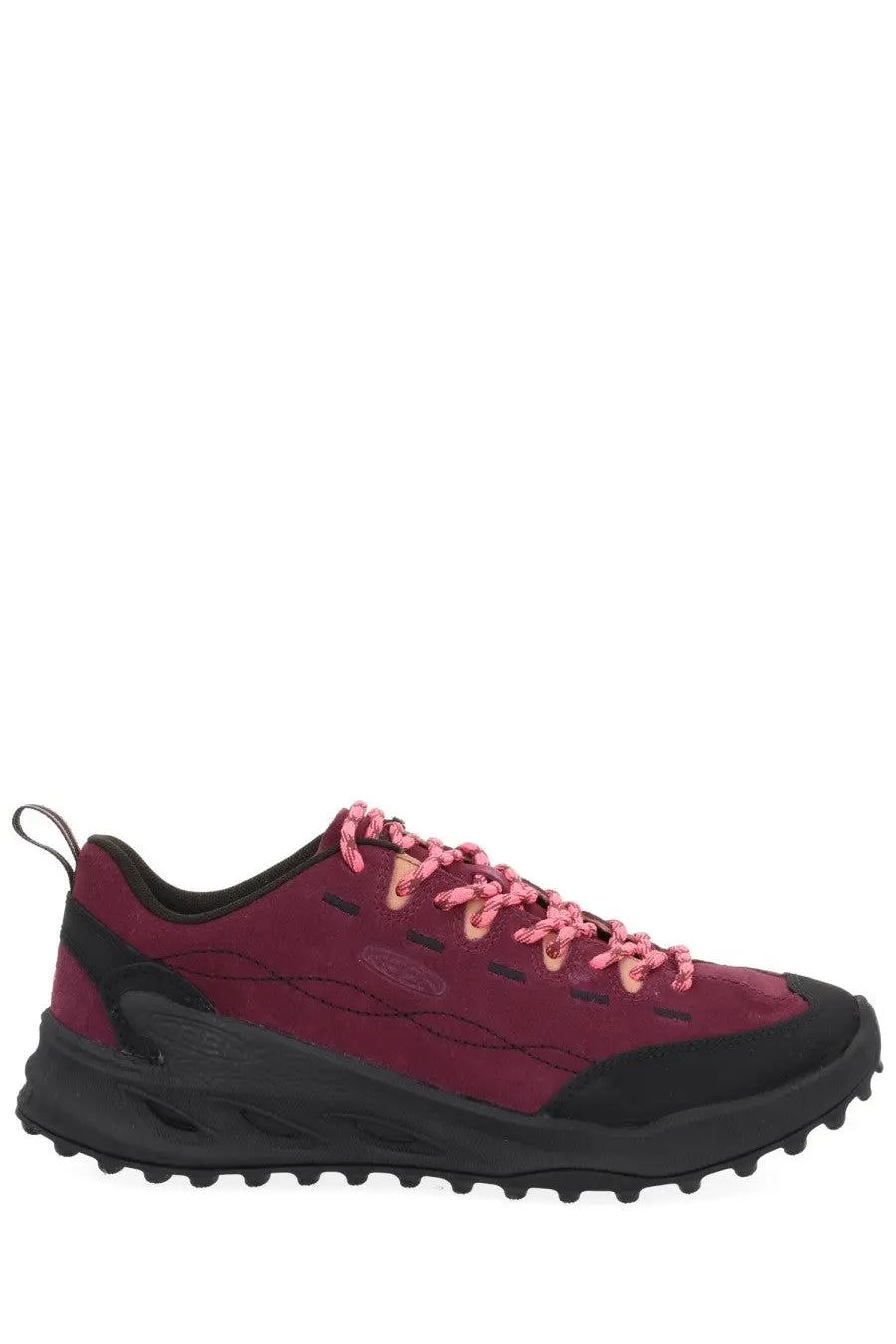 Keen women’s jasper zionic sneaker red maroon suede and black rubber trail running shoe with pink laces
