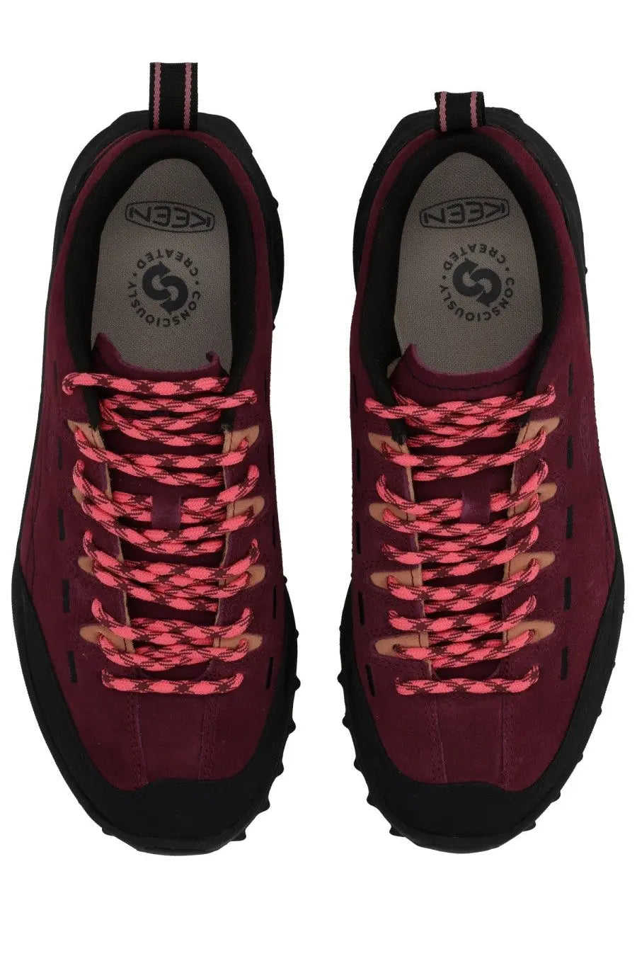 Keen women’s jasper zionic sneaker red maroon suede hiking shoes with black soles and vibrant pink laces