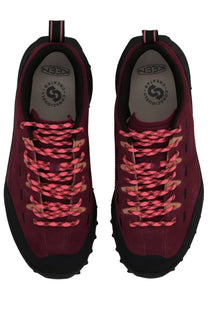 Keen women’s jasper zionic sneaker red maroon suede hiking shoes with black soles and vibrant pink laces