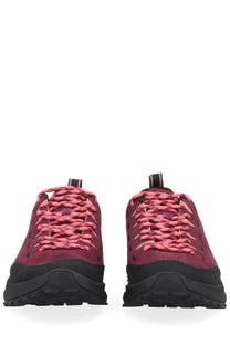 Pair of keen women’s jasper zionic sneaker red burgundy suede hiking shoes with pink laces and black rubber soles