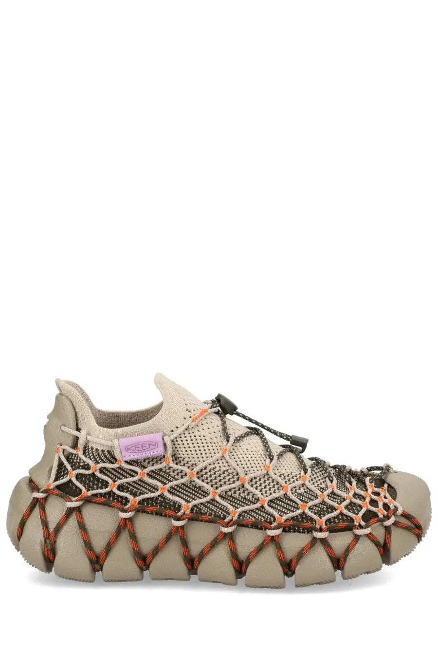 Keen women’s sneaker Uneek brown beige and orange mesh sneaker with chunky textured sole front view