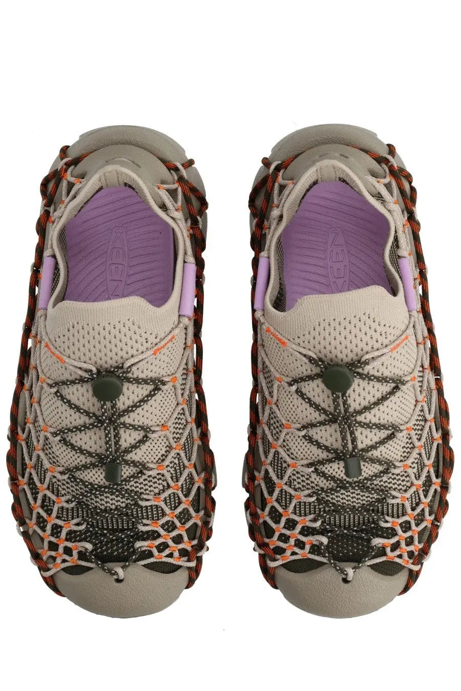 Keen women’s sneaker uneek brown with beige and orange woven mesh and purple insoles designed for comfort and style