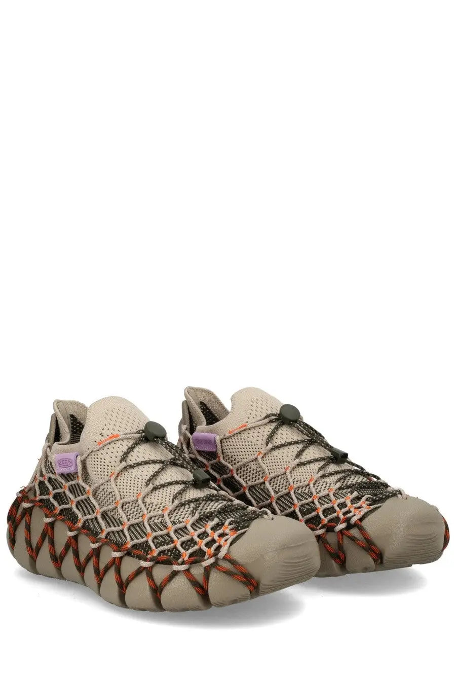 Keen women’s sneaker uneek brown in beige and orange woven mesh with a textured knitted upper and chunky sole