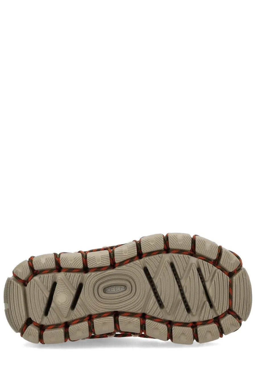 Tan rubber sole with red stitching and textured pattern featuring keen logo on keen women’s sneaker uneek brown
