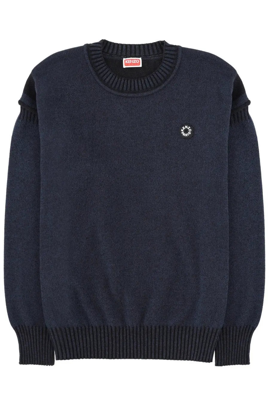 Kenzo men’s dark navy blue knit sweater with ribbed cuffs and hem featuring a small white embroidered logo