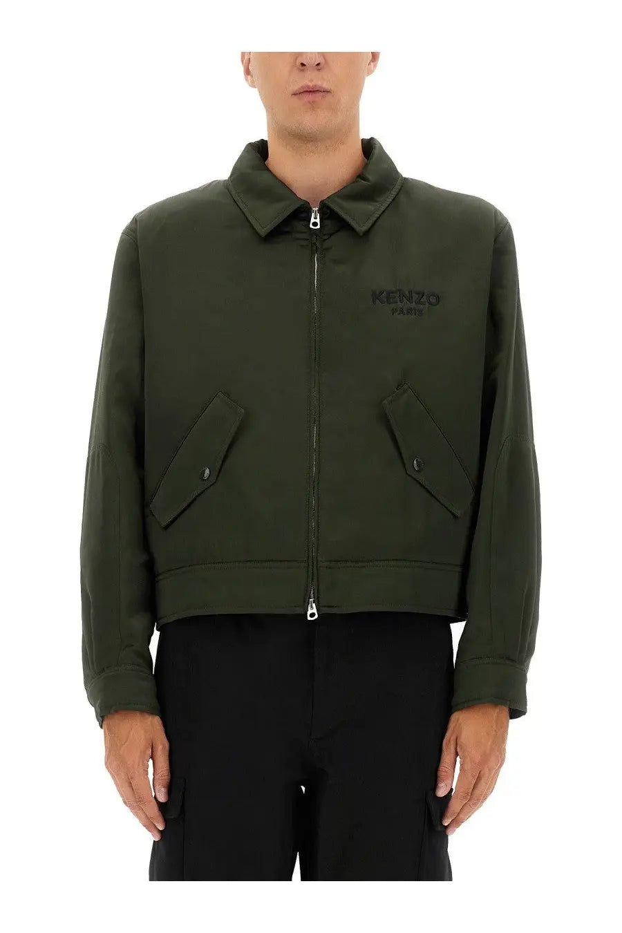 Olive green Kenzo Paris men’s bomber jacket with black embroidered logo and silver zipper accents in padded design