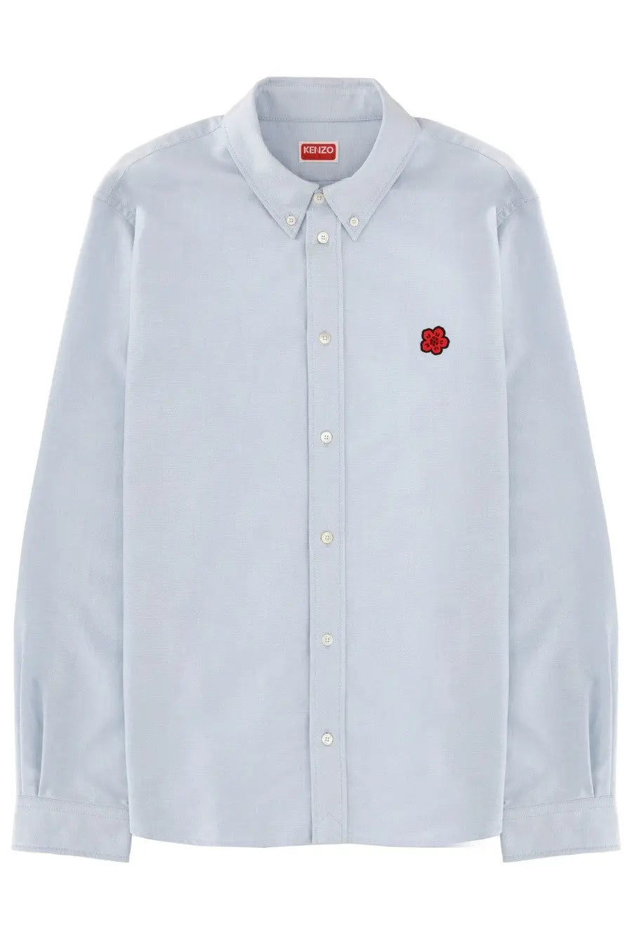 Kenzo men’s boke flower shirt blue light blue button-down with red embroidered flower and small red keizo label at collar