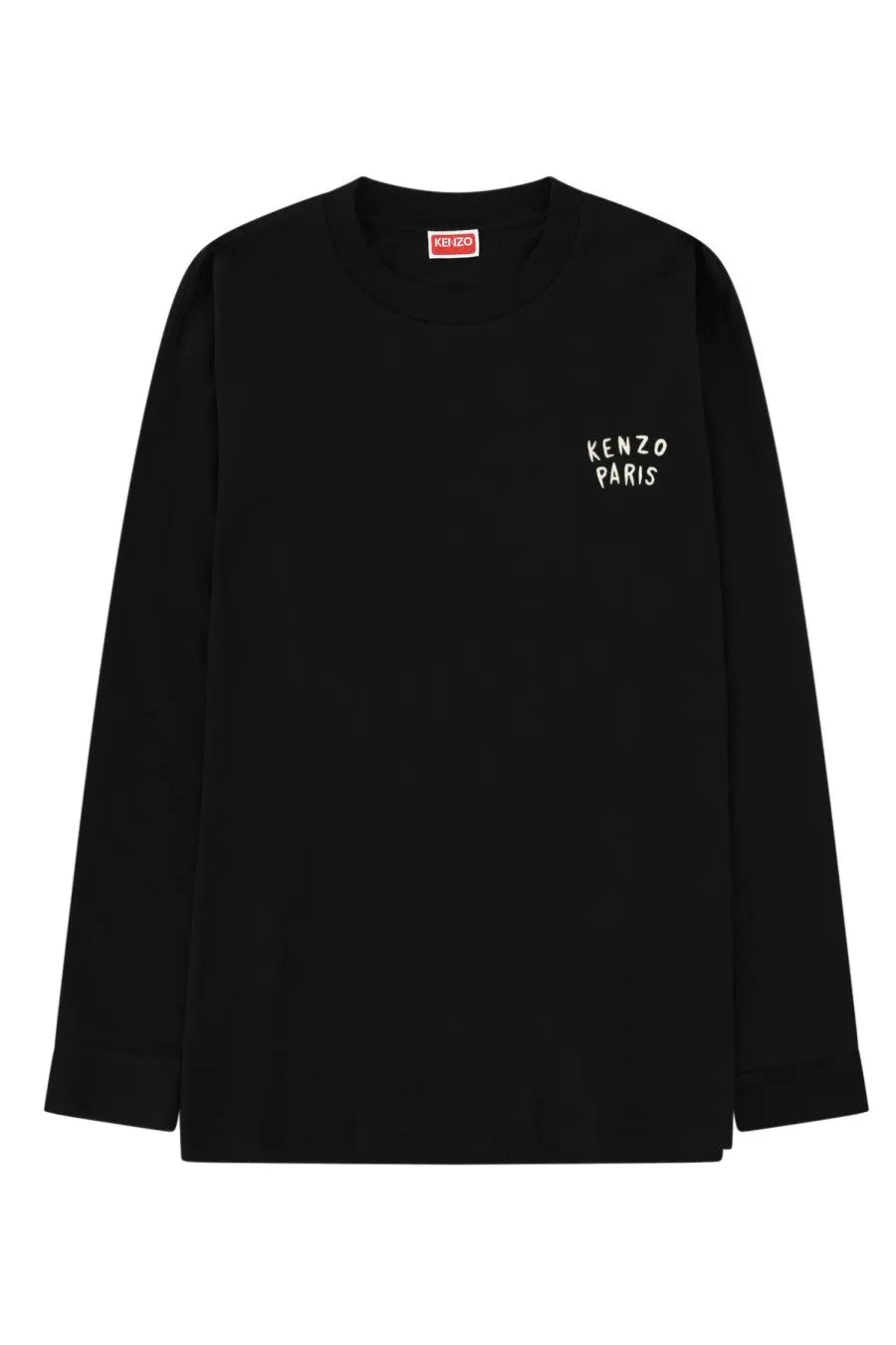 Kenzo men’s black long-sleeved t-shirt with white kenzo paris embroidery and red brand tag at the neckline