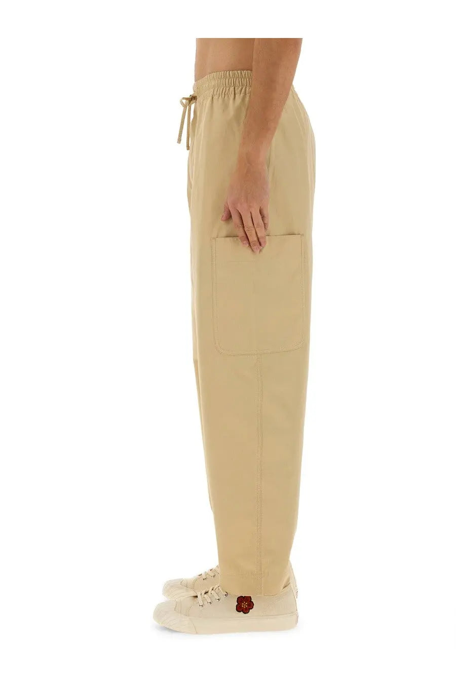 Kenzo men’s beige cargo jogging pants with elastic waistband drawstring and large thigh front pocket
