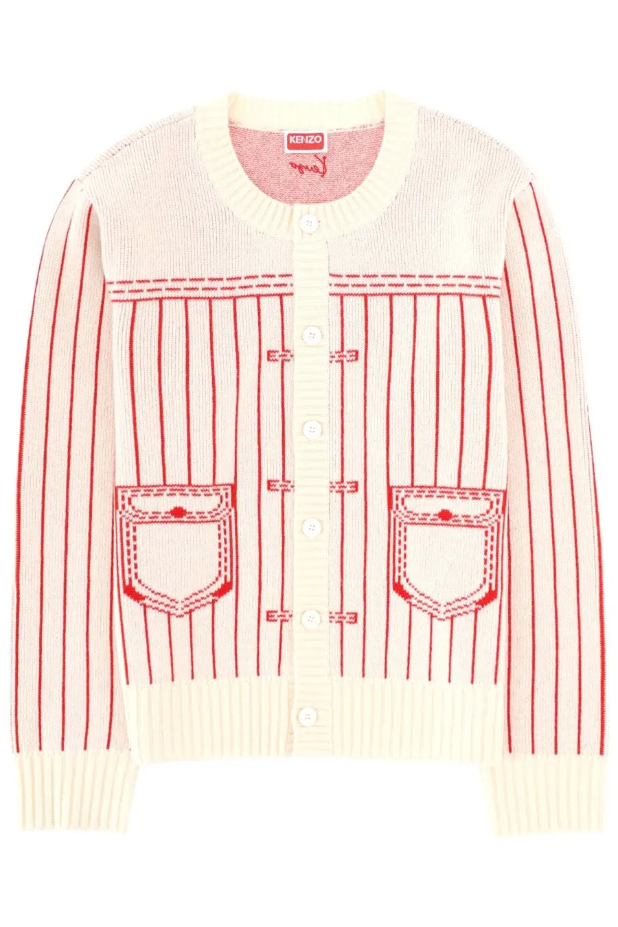 Kenzo men’s cream knit cardigan with red stripes and embroidered patch pockets in trompe loeil white design