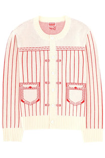 Kenzo men’s cream knit cardigan with red stripes and embroidered patch pockets in trompe loeil white design