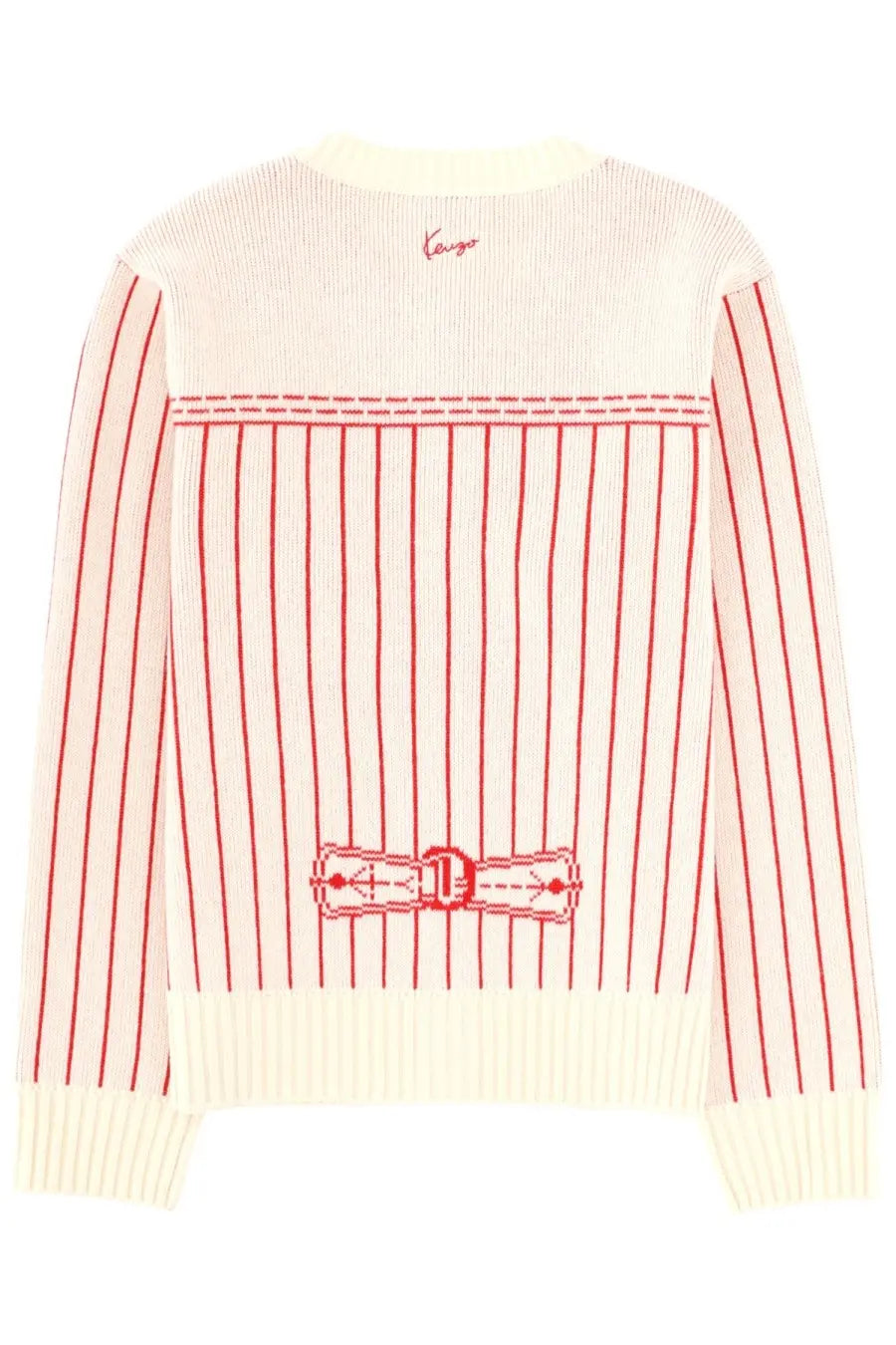 Cream-colored knit kenzo men’s cardigan with red vertical stripes and embroidered belt buckle detail at the back