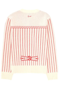 Cream-colored knit kenzo men’s cardigan with red vertical stripes and embroidered belt buckle detail at the back