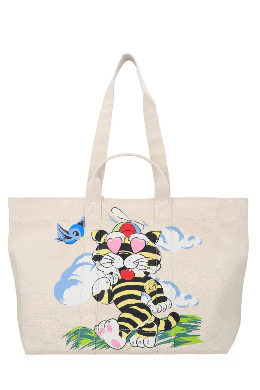 Beige canvas kenzo men’s large tote bag with playful cartoon tiger, black stripes, pink heart eyes, red tongue, blue bird, and clouds
