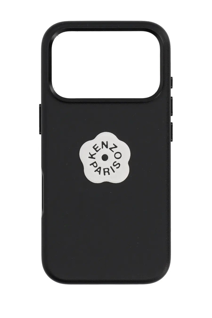 Black kenzo paris iphone pro case showing back with white floral logo and sleek protective design