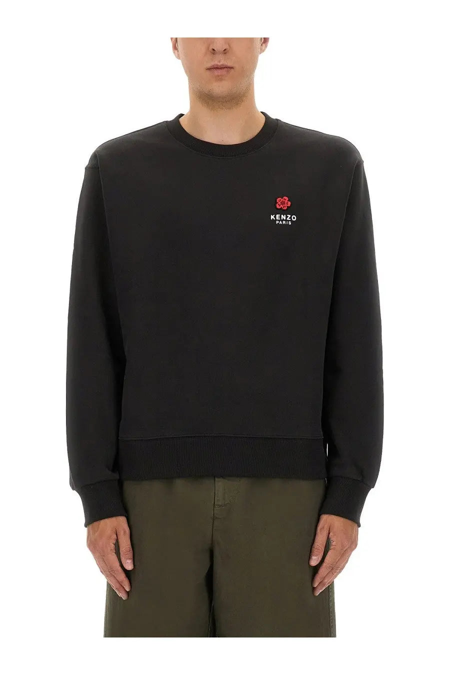 Kenzo men’s classic black sweatshirt with red floral logo and white embroidered text on the left chest