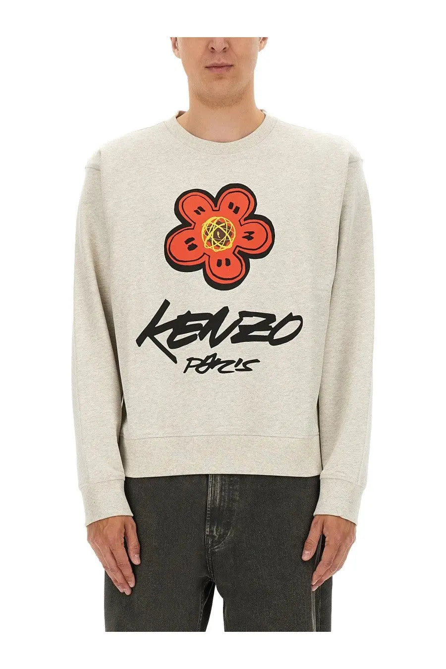 Heather gray kenzo paris sweatshirt with bold orange flower graphic and signature script logo for men