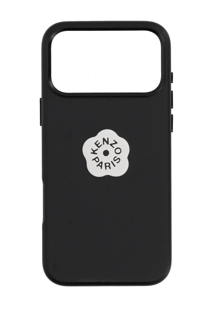 Black kenzo paris iphone pro max phone case back side with white floral emblem and black brand name lettering