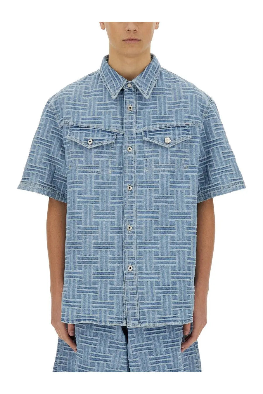 Kenzo men’s light blue denim shirt with geometric woven pattern and silver toned buttons short sleeves