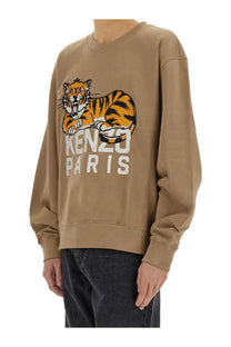 Tan Kenzo Paris sweatshirt beige with bold orange and black tiger graphic and white lettering for men