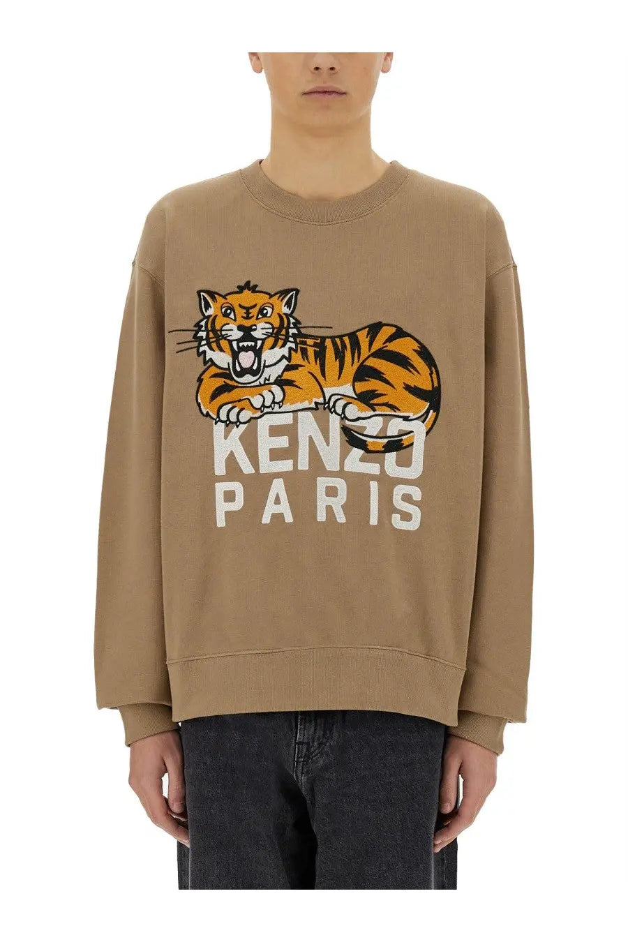 Kenzo men’s beige sweatshirt featuring a bold orange and black tiger graphic with white kenzo paris lettering