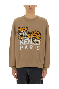 Kenzo men’s beige sweatshirt featuring a bold orange and black tiger graphic with white kenzo paris lettering
