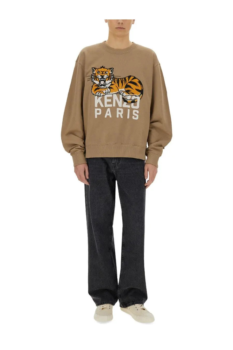 Tan kenzo paris beige sweatshirt with bold orange and black tiger graphic and white lettering for men