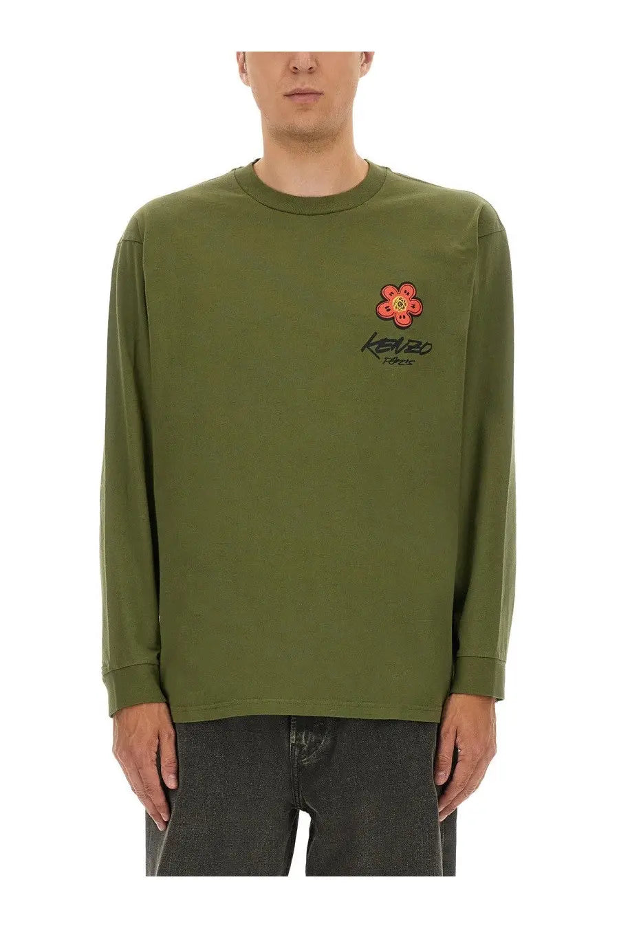 Kenzo men’s relaxed fit olive green long-sleeved cotton tee with red yellow embroidered flower logo on left chest
