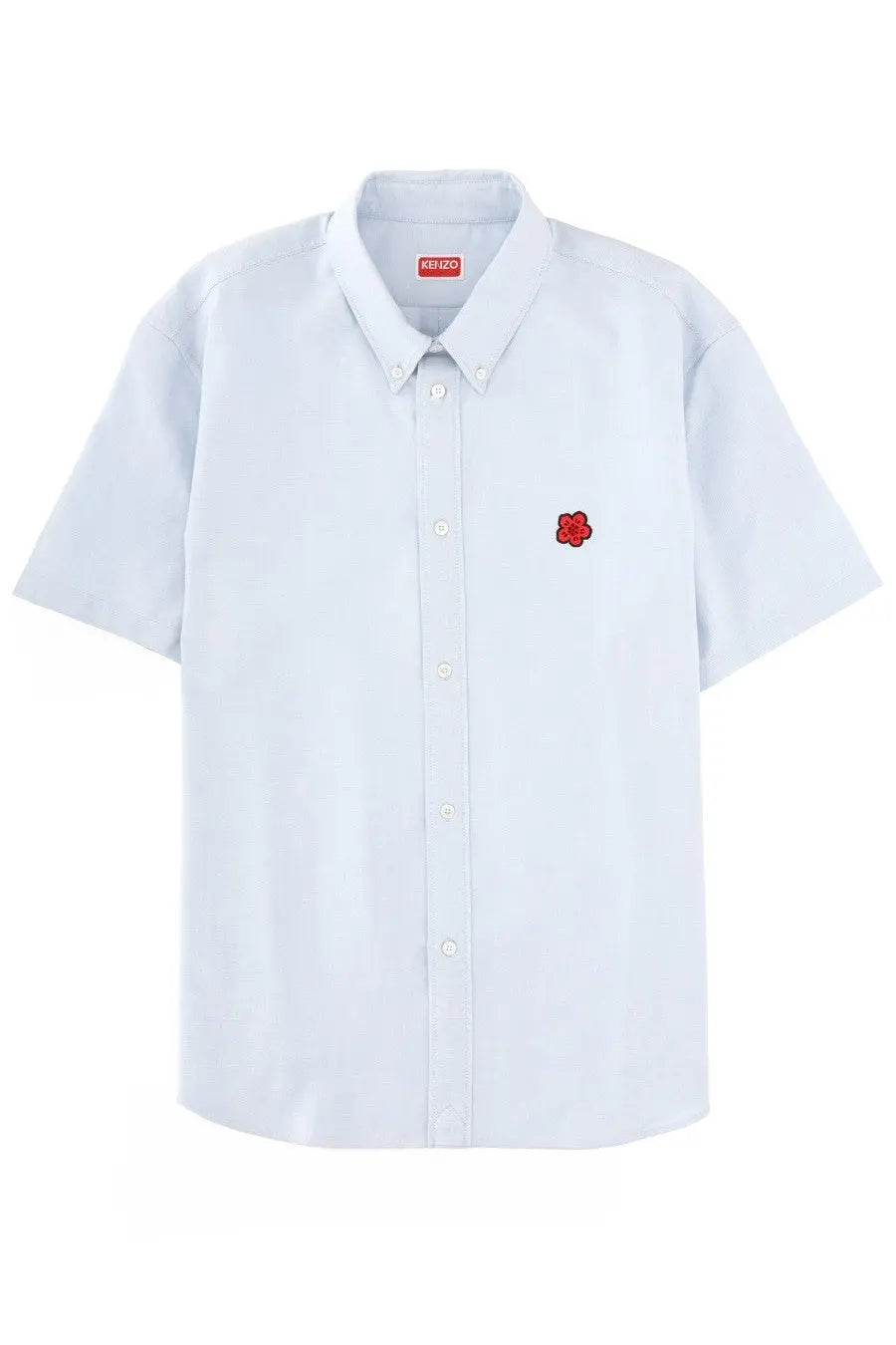 Kenzo men’s white short-sleeved button-down shirt with red embroidered flower and red Kenzo label at the collar