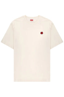 Kenzo men’s cream-colored t-shirt with a small embroidered red rose on the left chest in cotton material