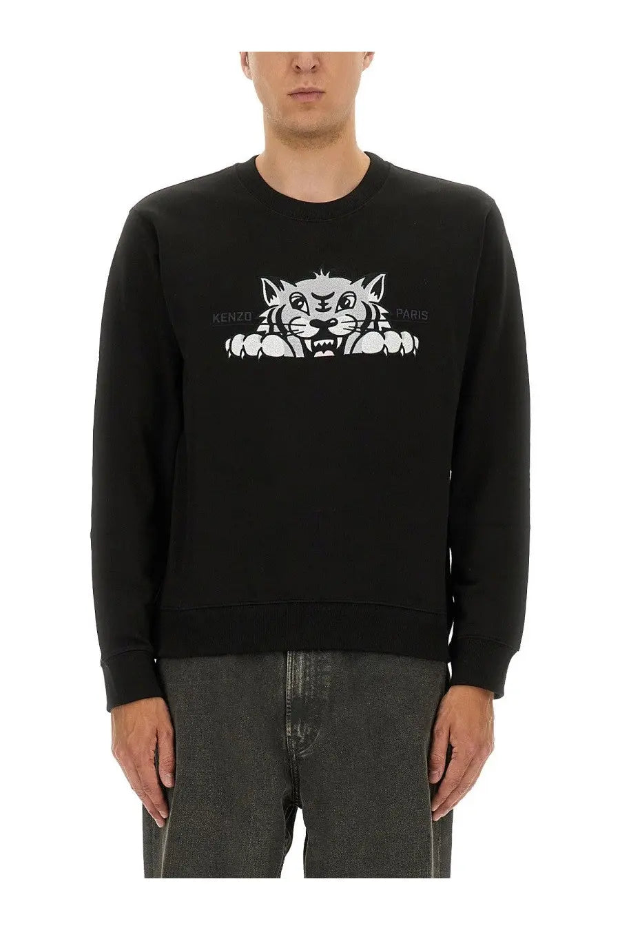 Kenzo men’s slim fit black sweatshirt featuring a bold white tiger graphic with Kenzo Paris text above it